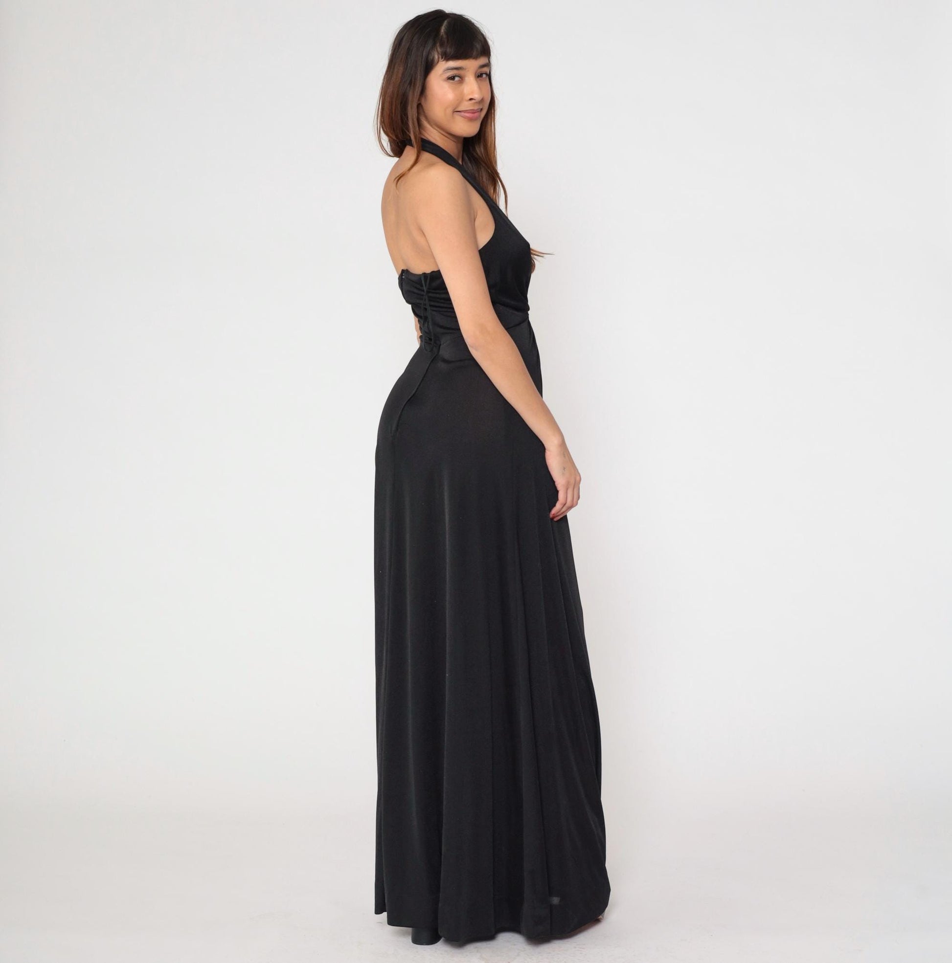 70s Black Halter Maxi Dress Plunging V Neck Open Back Empire Waist Medium