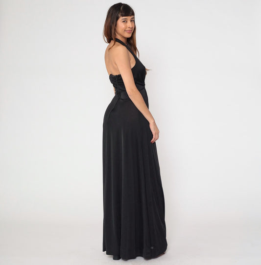 70s Black Halter Maxi Dress Plunging V Neck Open Back Empire Waist Medium