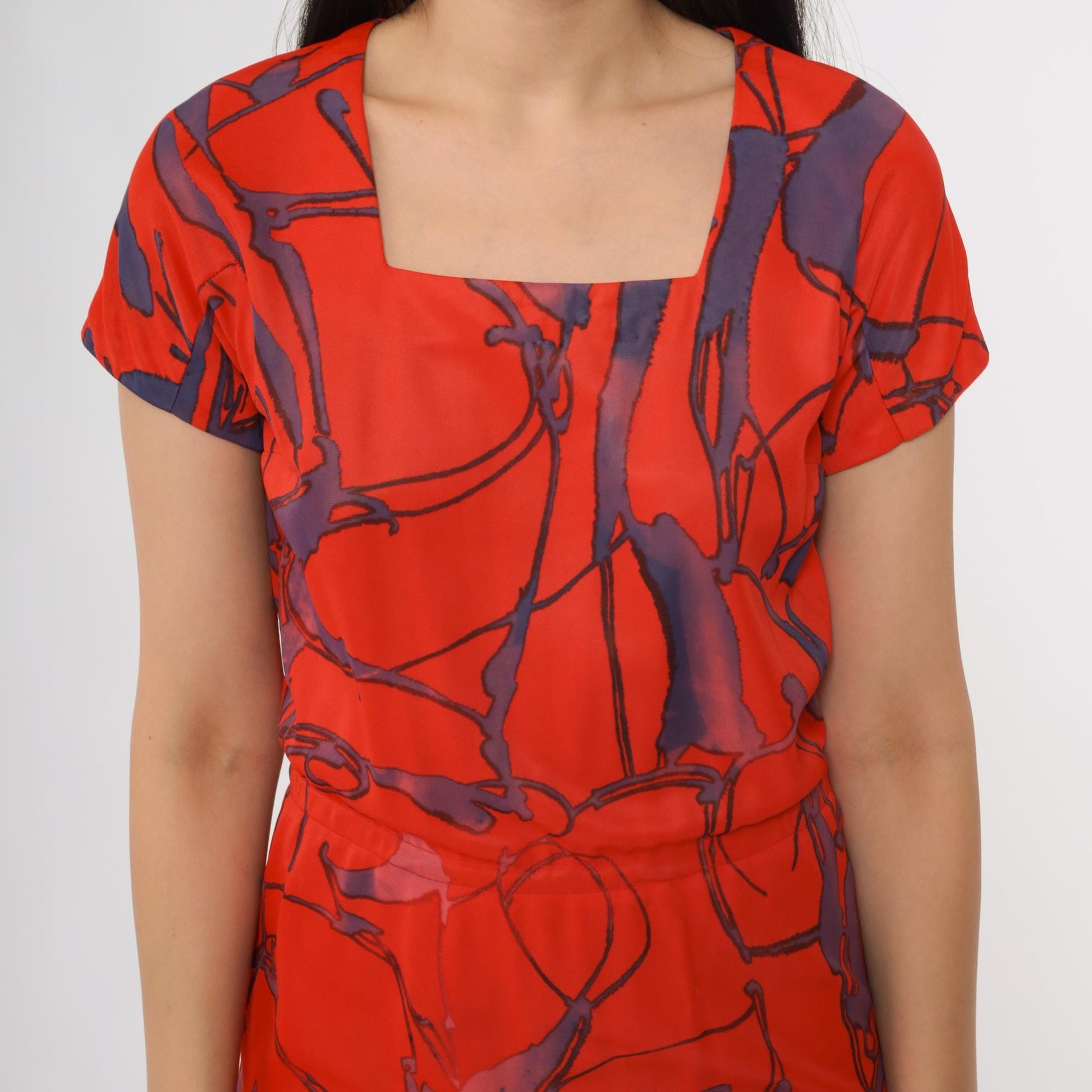 60s Abstract Geometric Dress Red Purple Square Neck A-Line Small