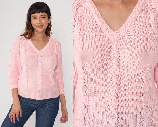 80s Pink Cable Knit V-Neck Pullover Sweater Medium