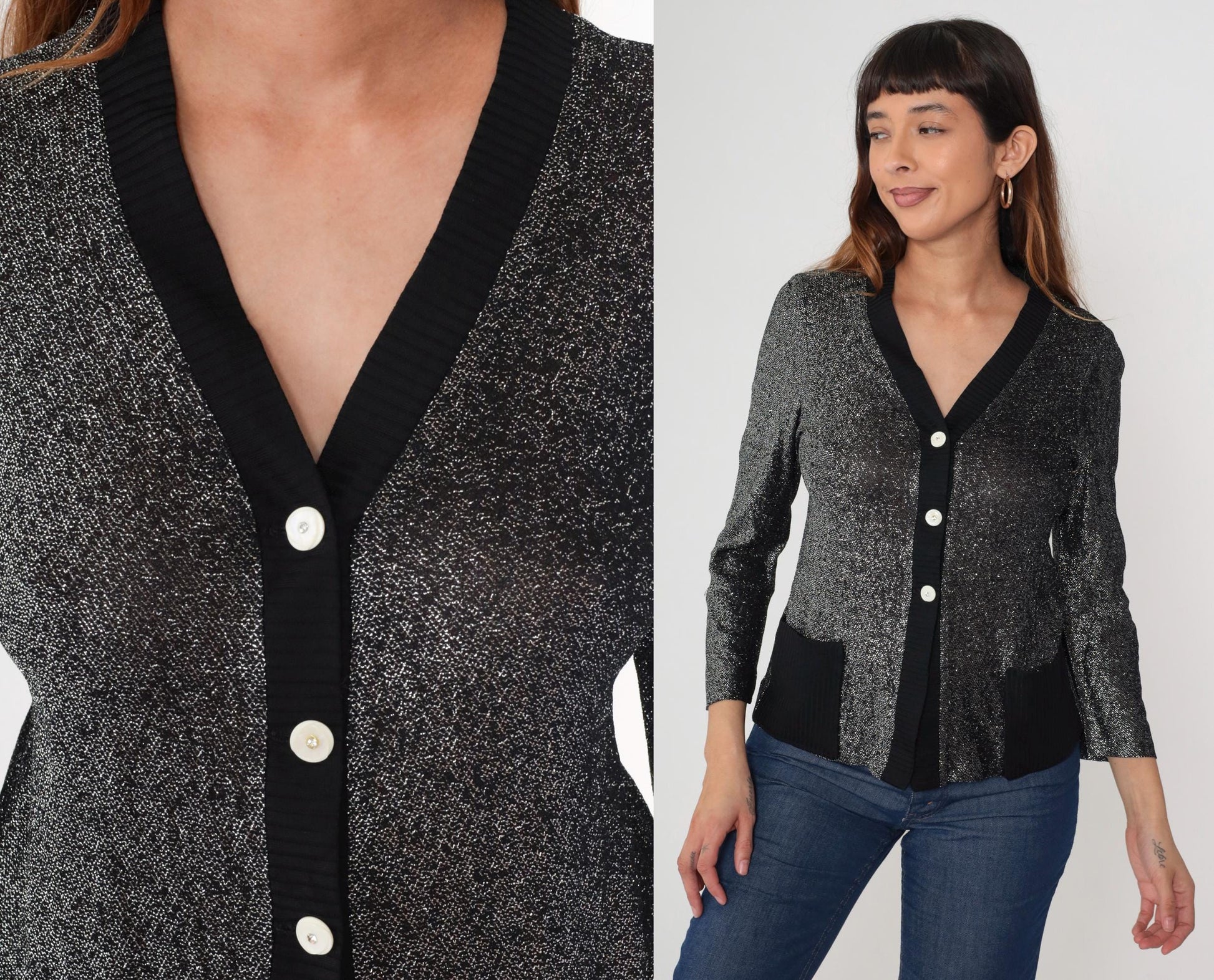70s Black Silver Lurex Cardigan Deep V Button Front Metallic Knit Medium