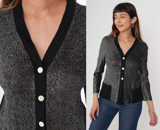 70s Black Silver Lurex Cardigan Deep V Button Front Metallic Knit Medium