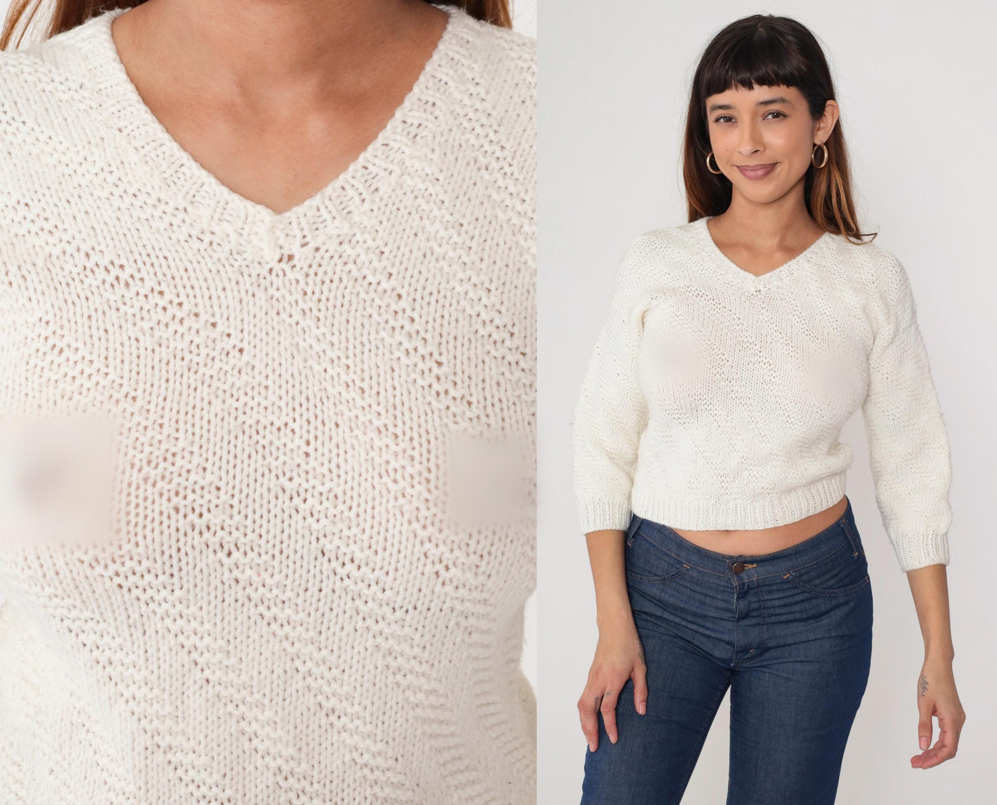 80s Cream V-Neck Cropped Sweater Three-Quarter Sleeve Knit Extra Small XS