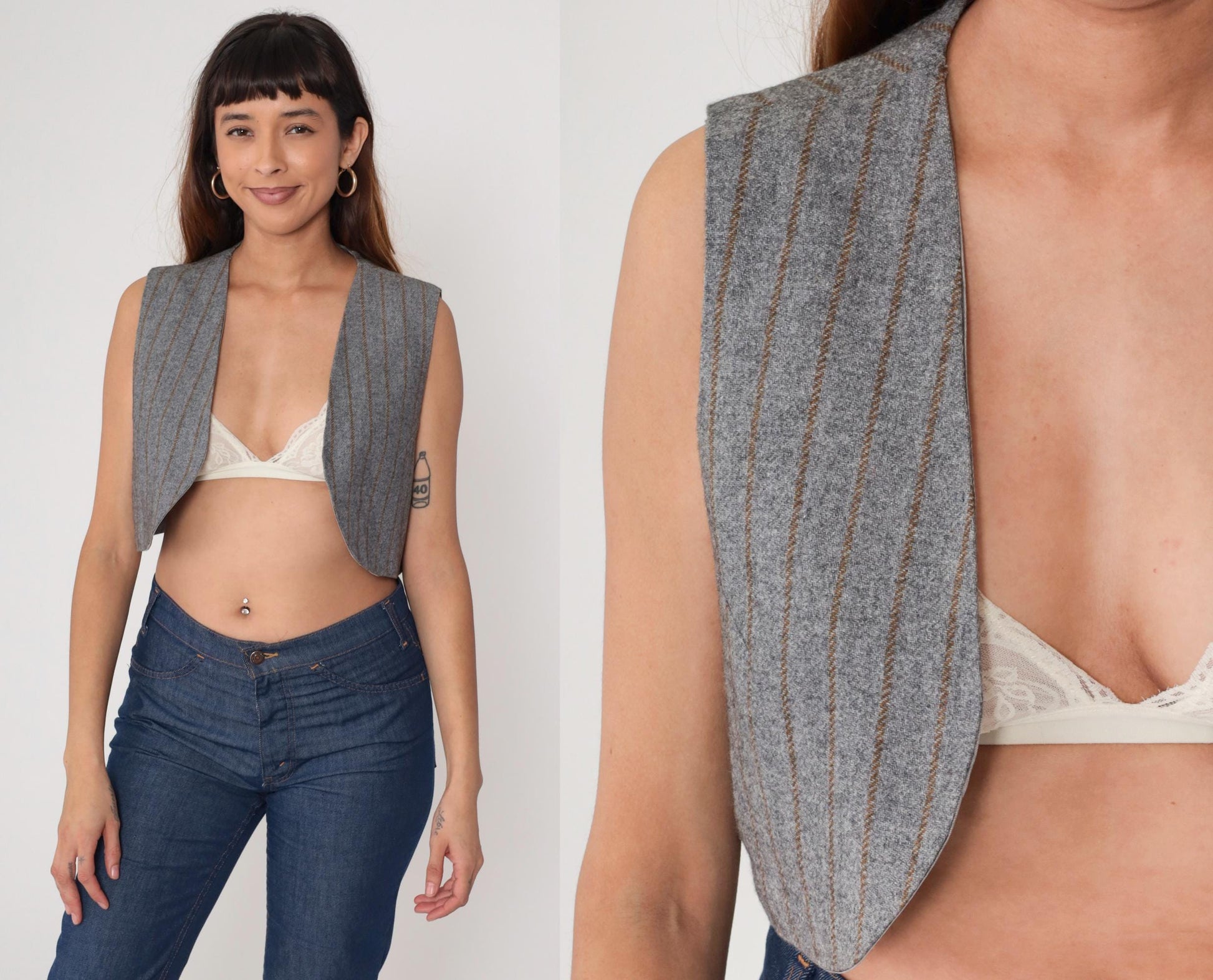 80s Grey Pinstripe Cropped Vest Open Front Sleeveless Small S