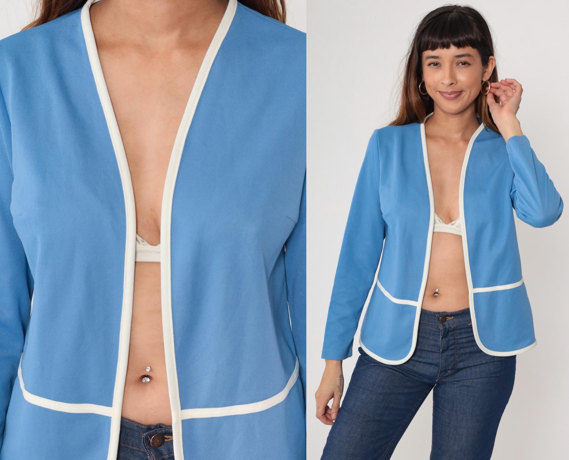 70s Lady Blair Blue Jacket White Piping Open Front Long Sleeve Medium