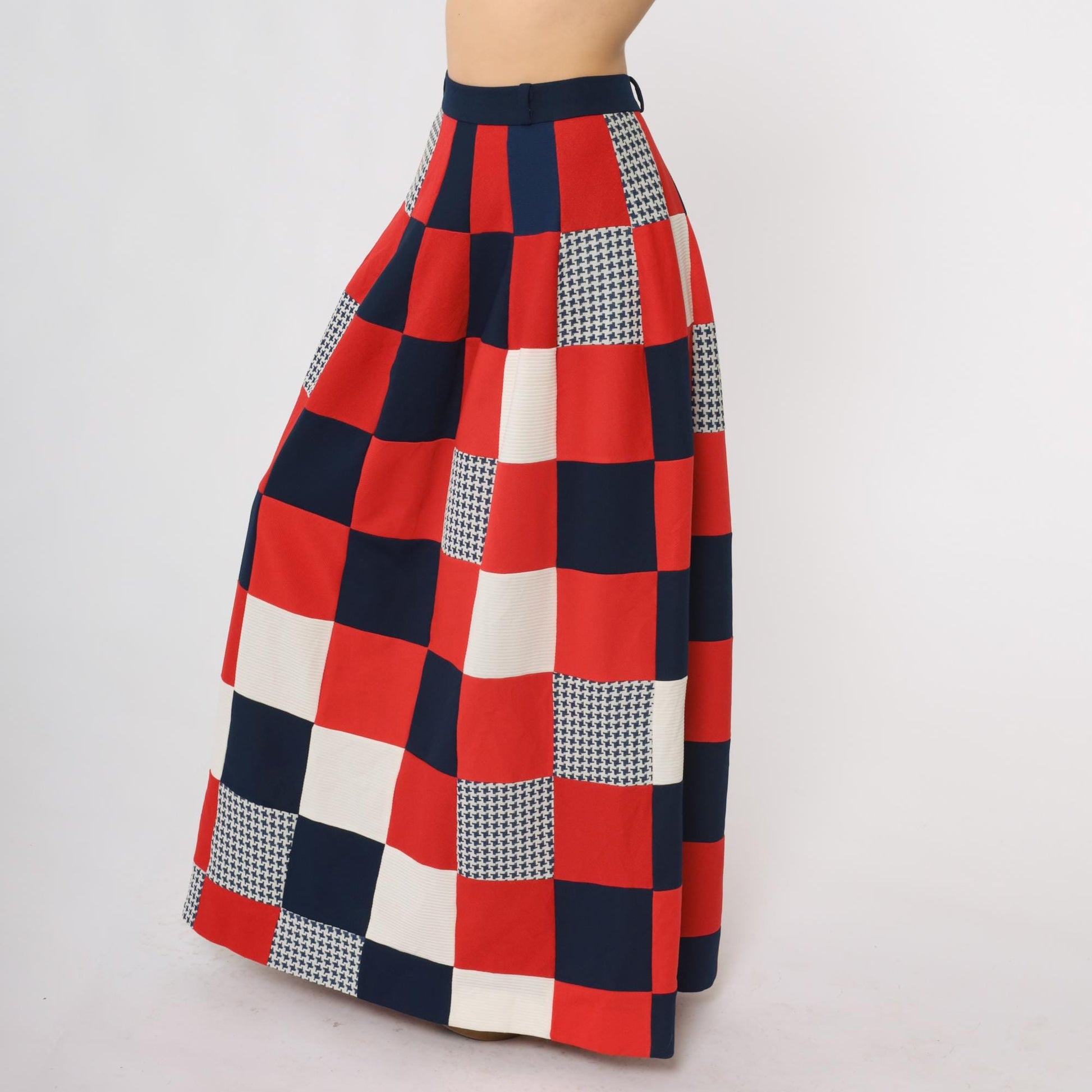 70s Red White Blue Patchwork Maxi Skirt High Waist Flared Medium