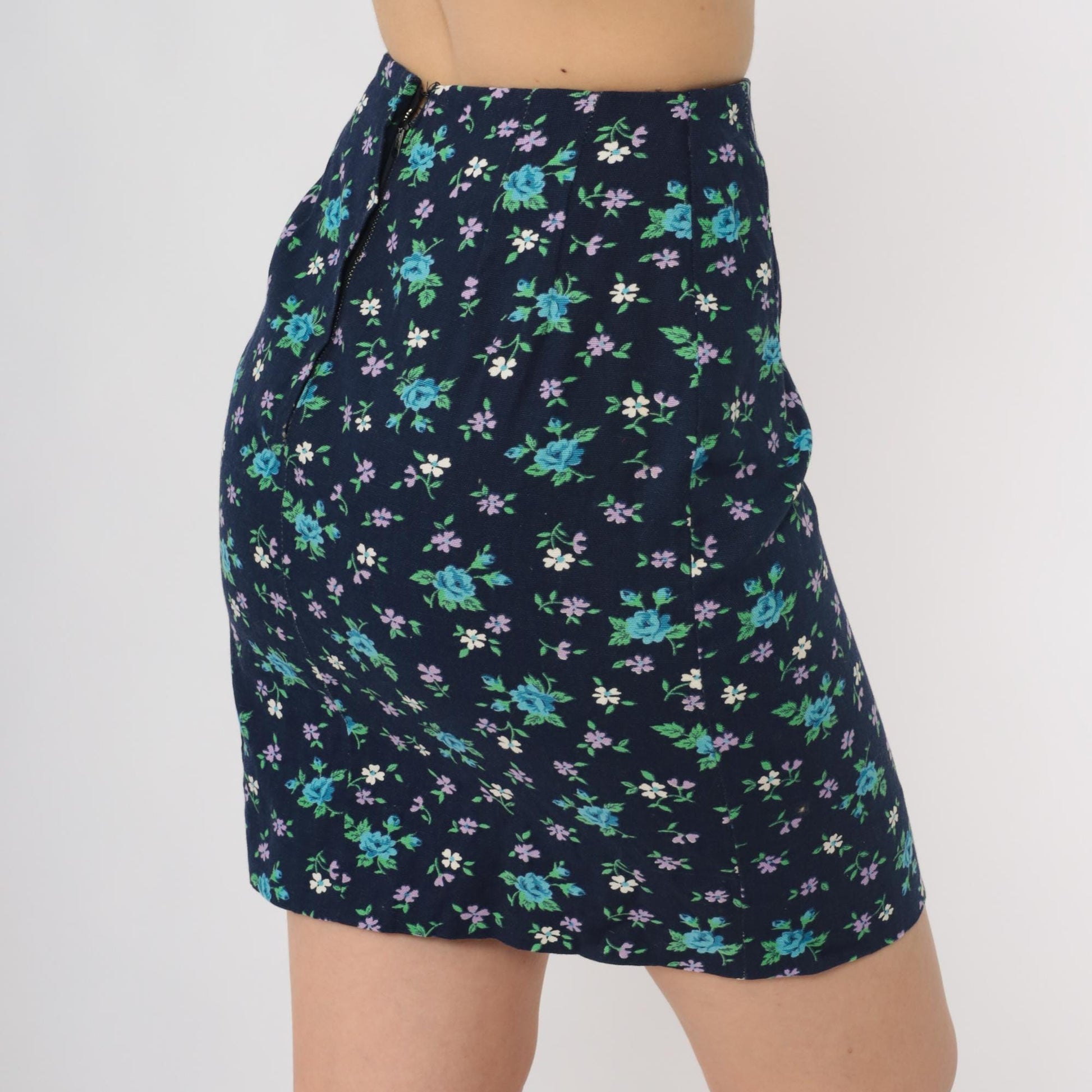 60s Navy Ditsy Floral Mini Skirt High Waist Straight Cut Cotton Blend Extra Small XS