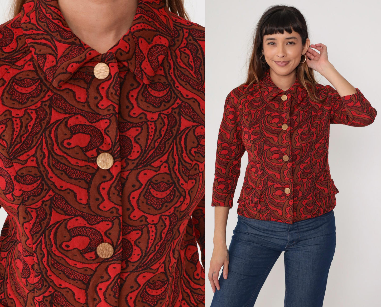 70s Lincoln Center Paisley Print Jacket Red Brown Button Front Medium