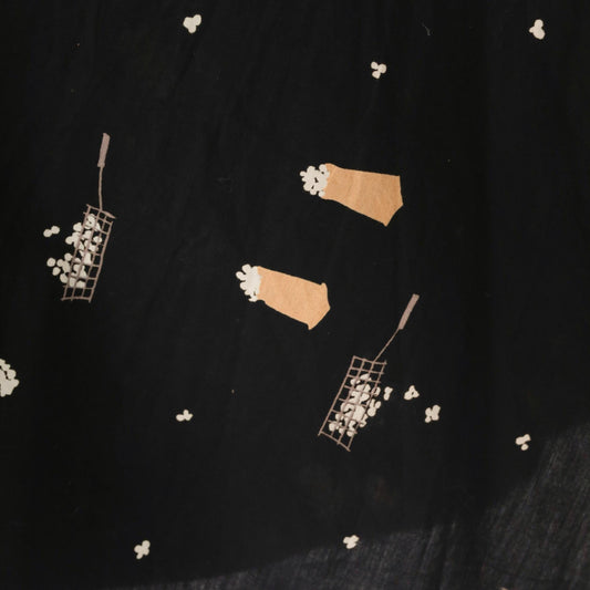 60s Popcorn Print A-Line Skirt Black Novelty Knee Length High Waist Medium