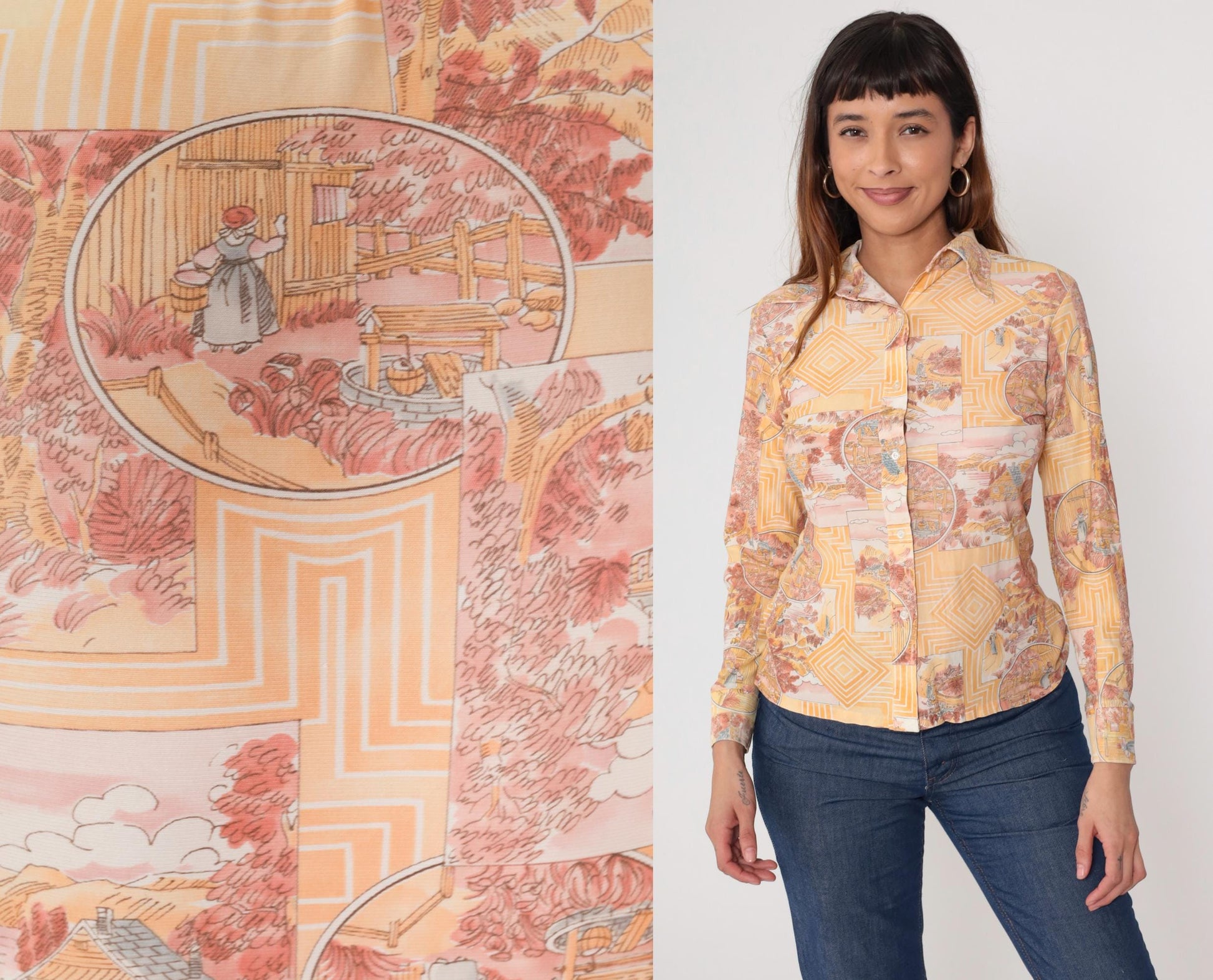 70s Scenic Toile Button-Up Shirt Orange Pink Pastoral Print Small S