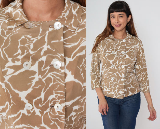 60s Mod Jacket Beige White Abstract Floral Double Breasted Cropped Large L