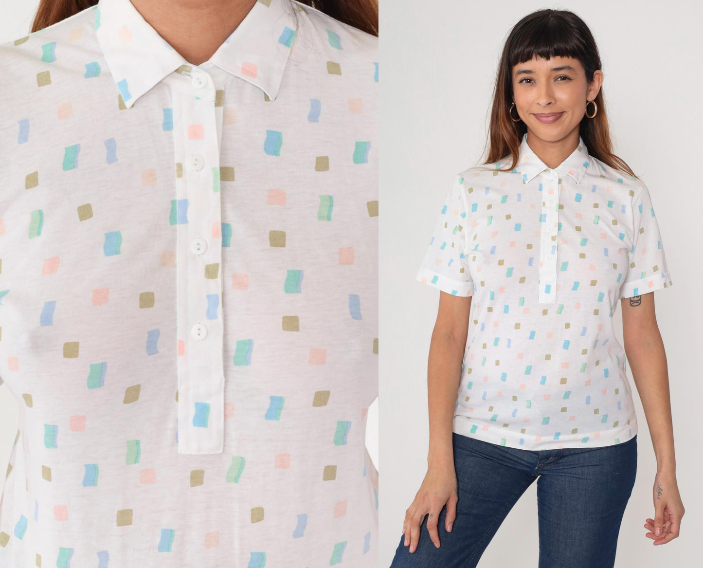 80s Leon Levin Polo Shirt White Geometric Pastel Collared Small S