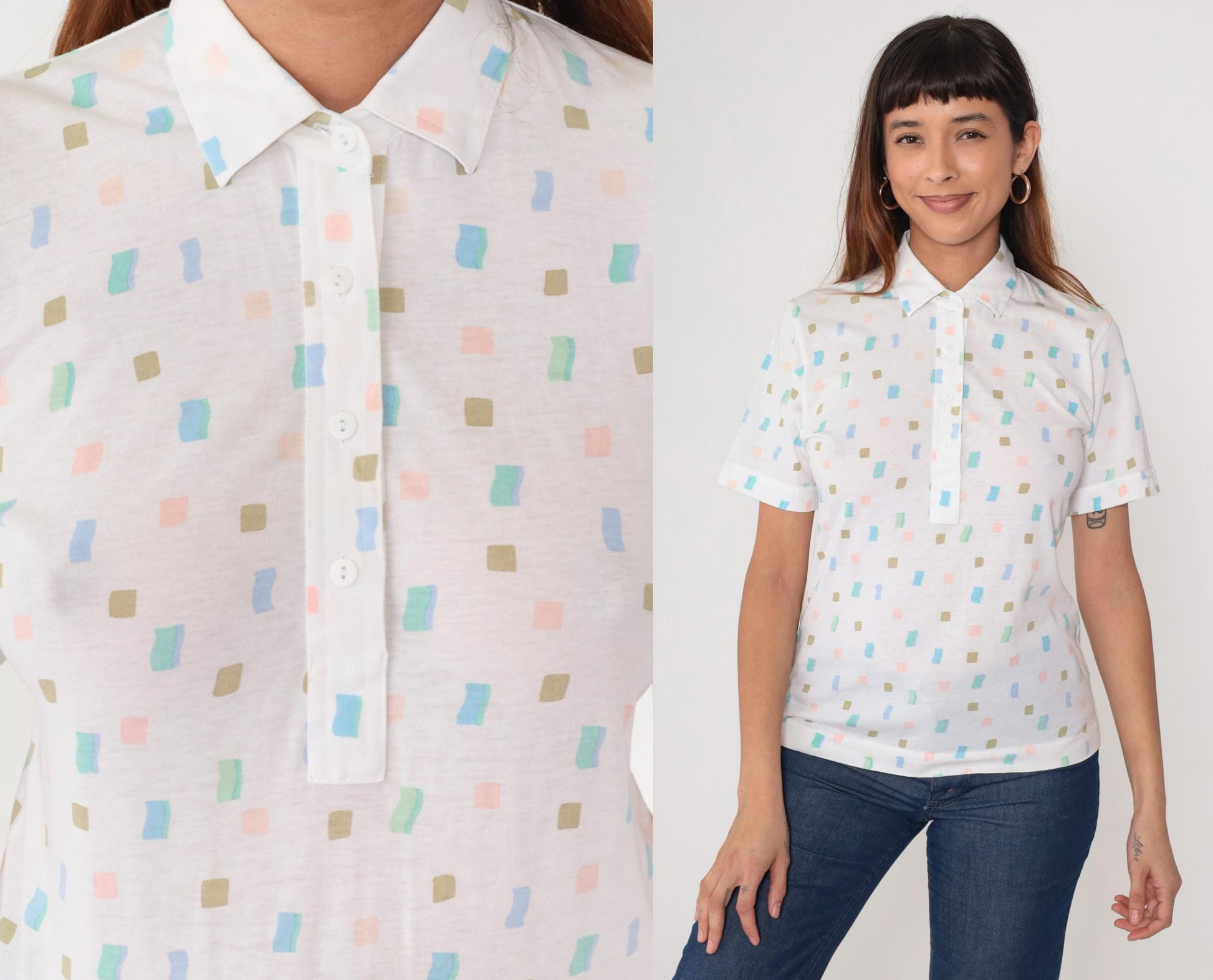 80s Leon Levin Polo Shirt White Geometric Pastel Collared Small S