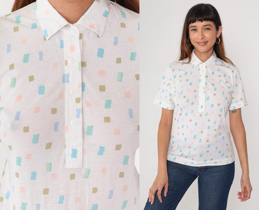 80s Leon Levin Polo Shirt White Geometric Pastel Collared Small S