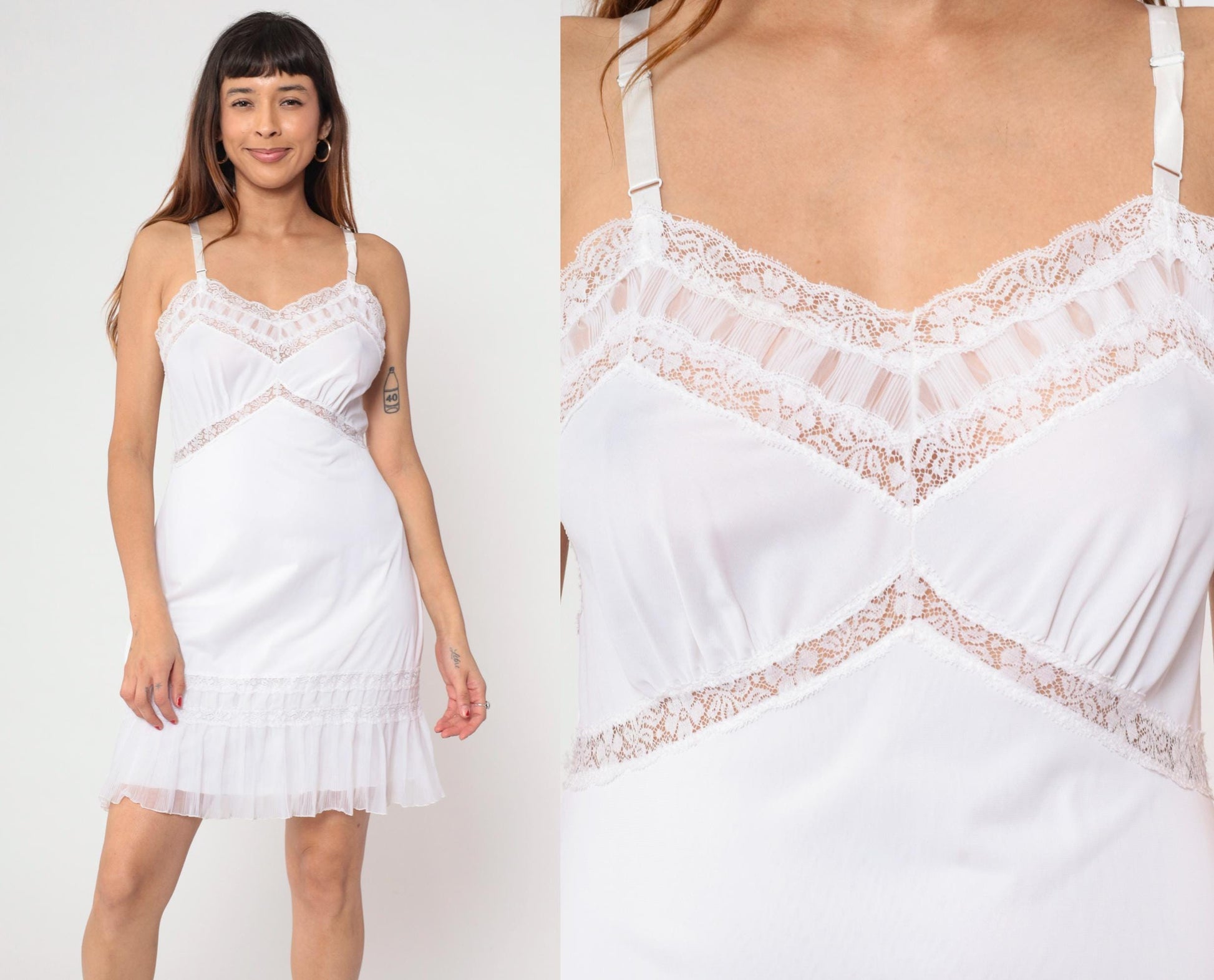70s White Slip Dress Embroidered Lace V-Neck Empire Waist Spaghetti Strap Mini Medium