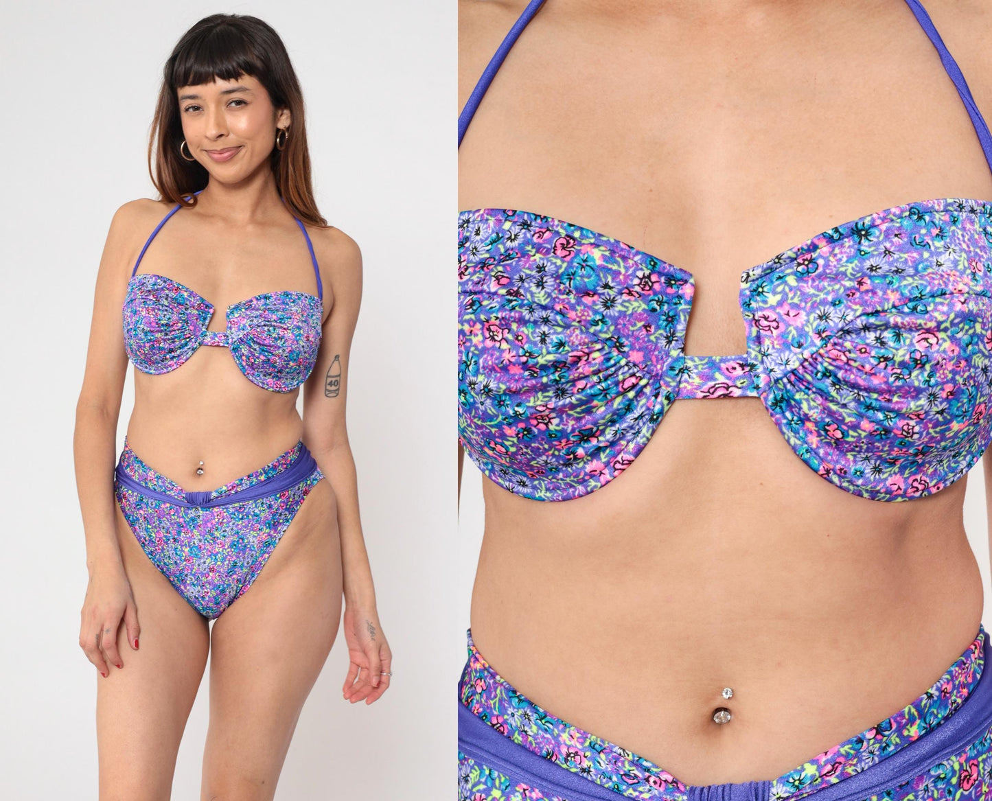 90s Sunsets Floral Bikini Purple Blue Pink Halter Underwire High Waist Medium