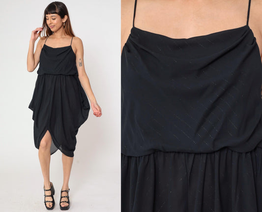 80s Entourage Black Cowl Neck Midi Dress Spaghetti Strap Handkerchief Hem Small