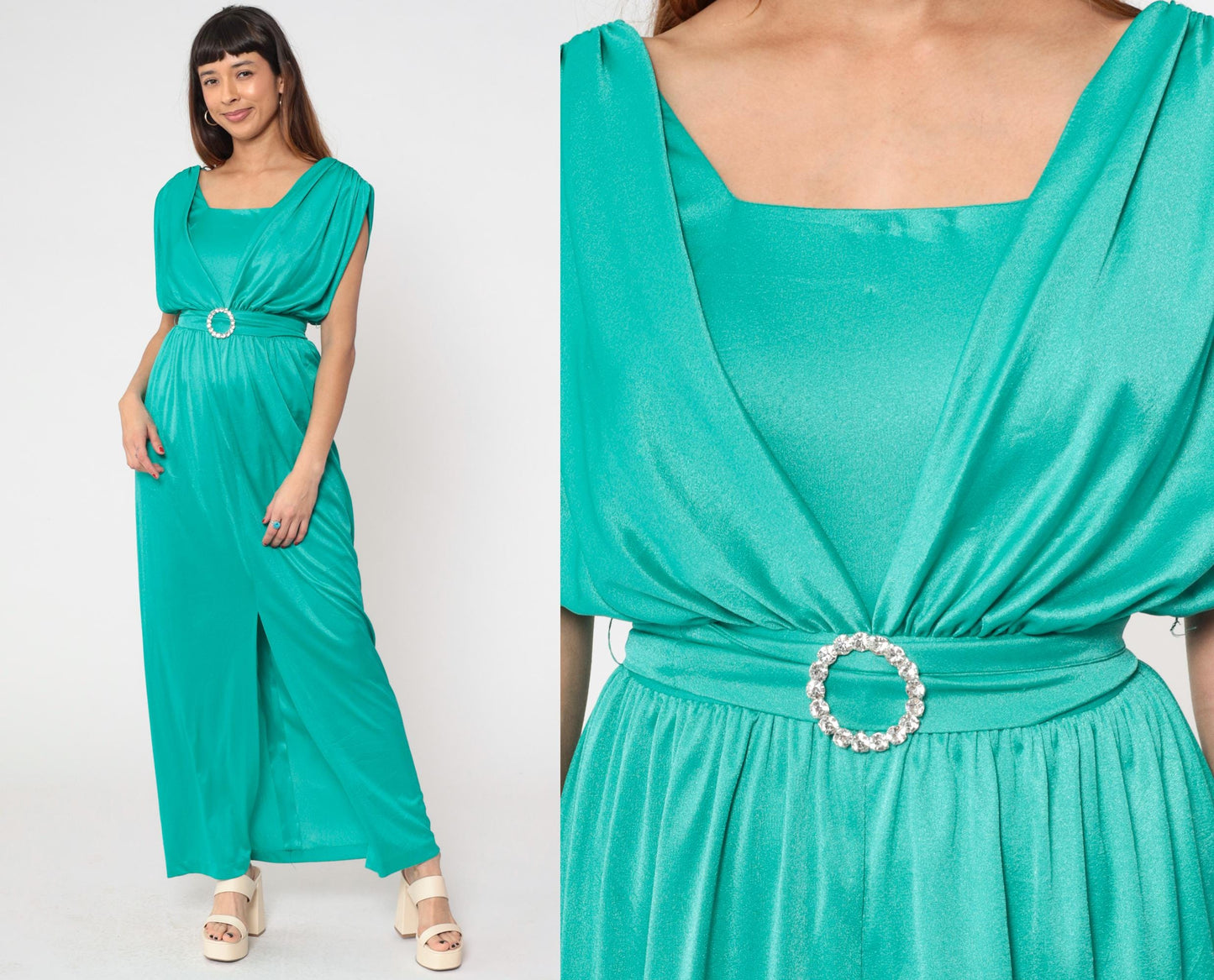 70s Mary Martin Teal Maxi Dress Rhinestone Buckle Square Neck Draped Slit Medium M