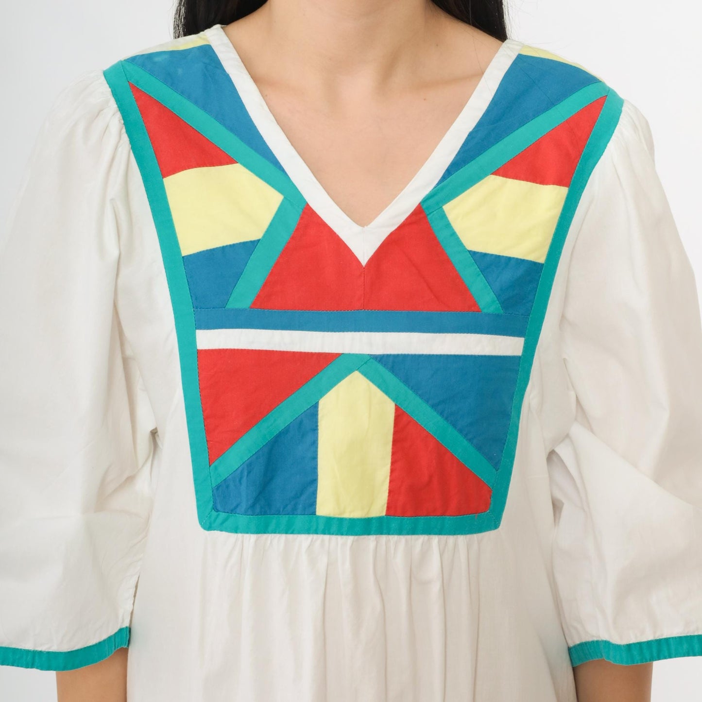 80s Foleys White Cotton Midi Dress Geometric Colorblock V-Neck Medium M