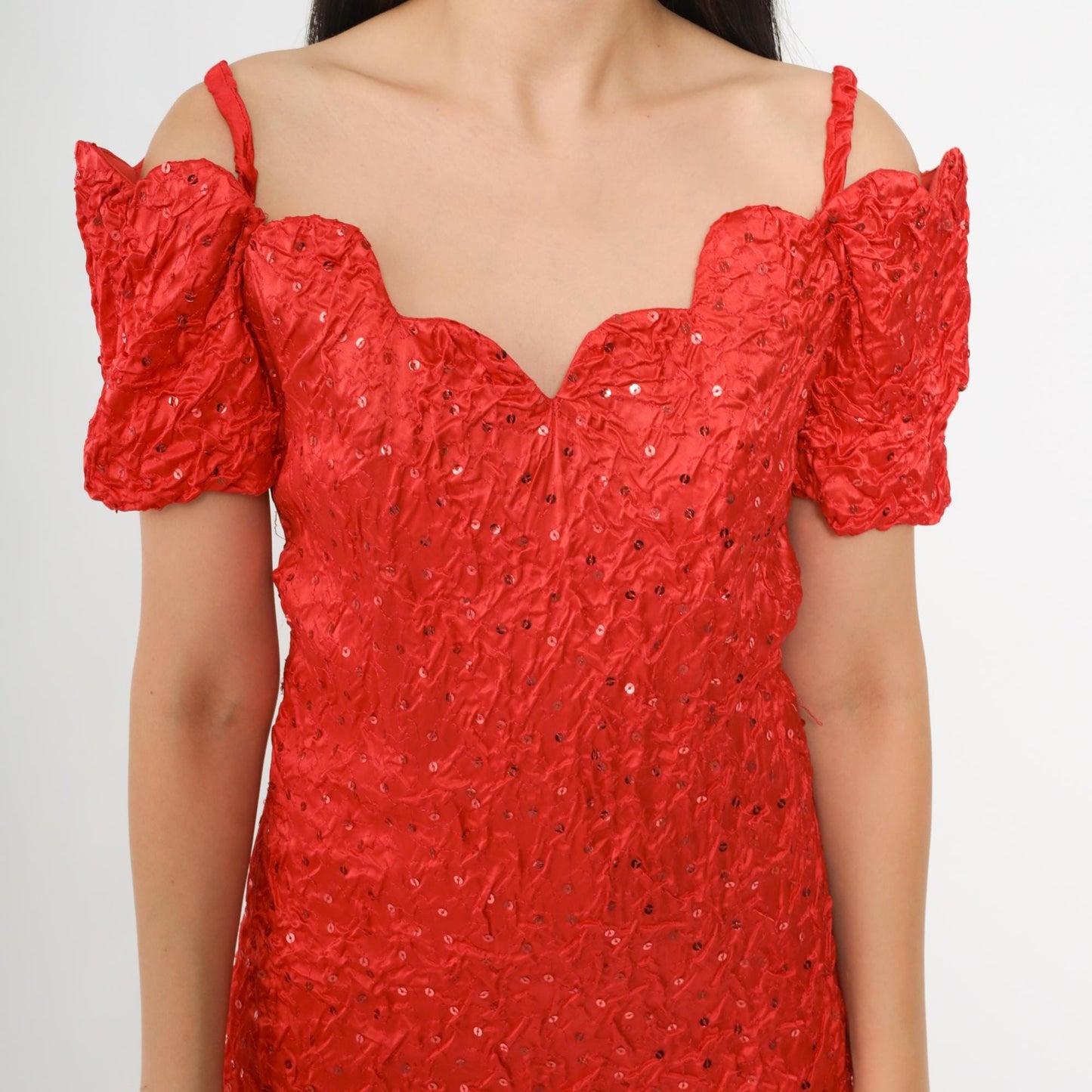 80s Zum Zum Red Sequin Cocktail Dress Off-Shoulder Sweetheart Small