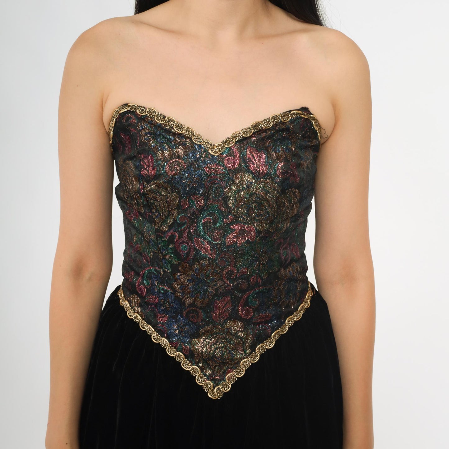 80s Zum Zum Black Mini Dress Brocade Bodice Gold Trim Sweetheart Small