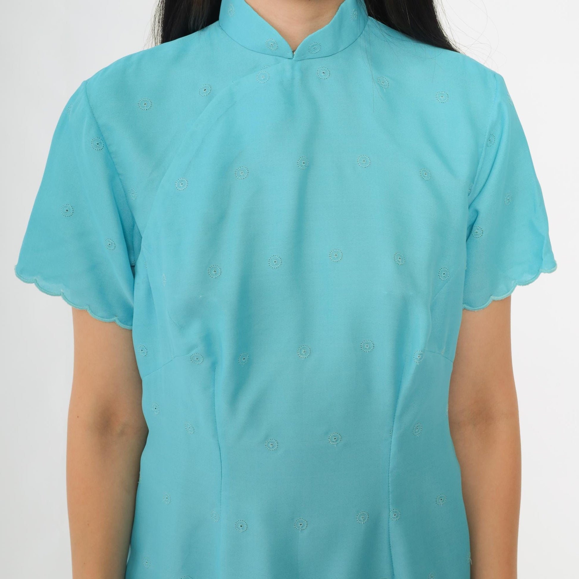 60s Turquoise Shift Dress Mandarin Collar Embroidered Eyelet Mini Large L