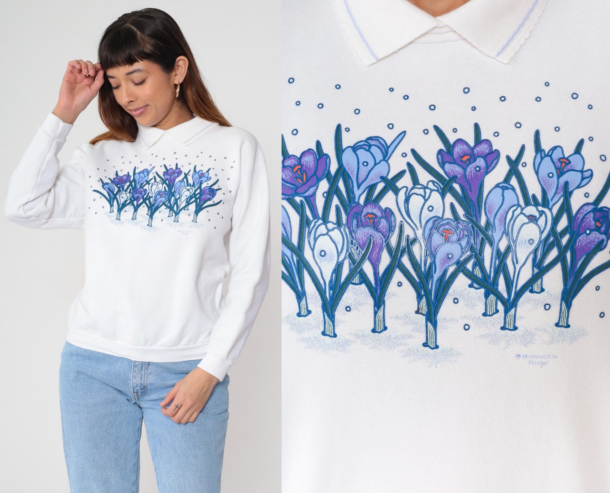 90s White Floral Puff Paint Collared Sweatshirt Medium M