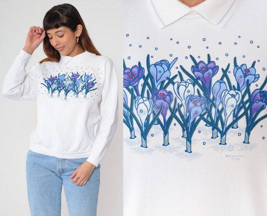 90s White Floral Puff Paint Collared Sweatshirt Medium M
