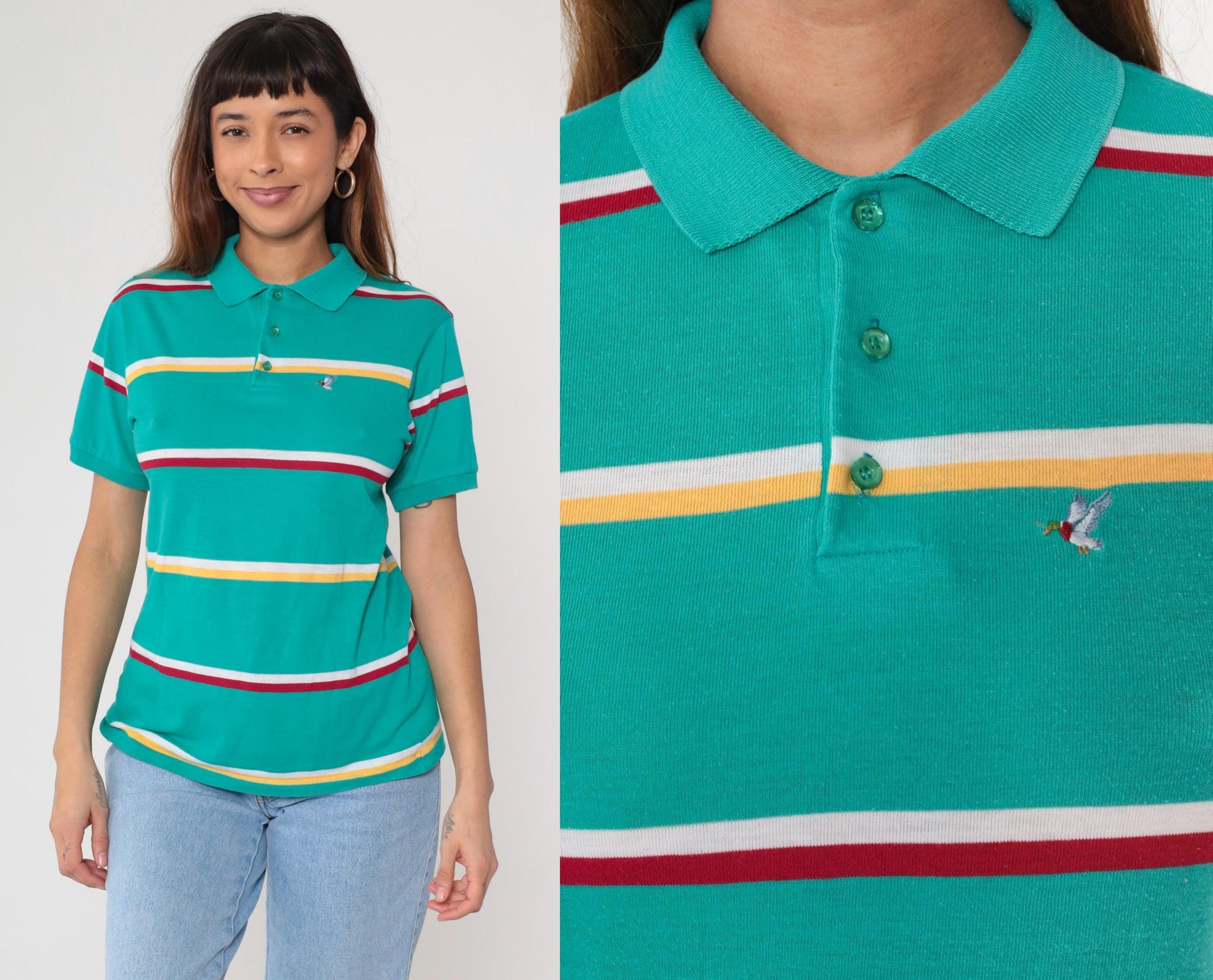 80s Green Striped Polo Shirt Duck Crest Embroidered Collared Large L