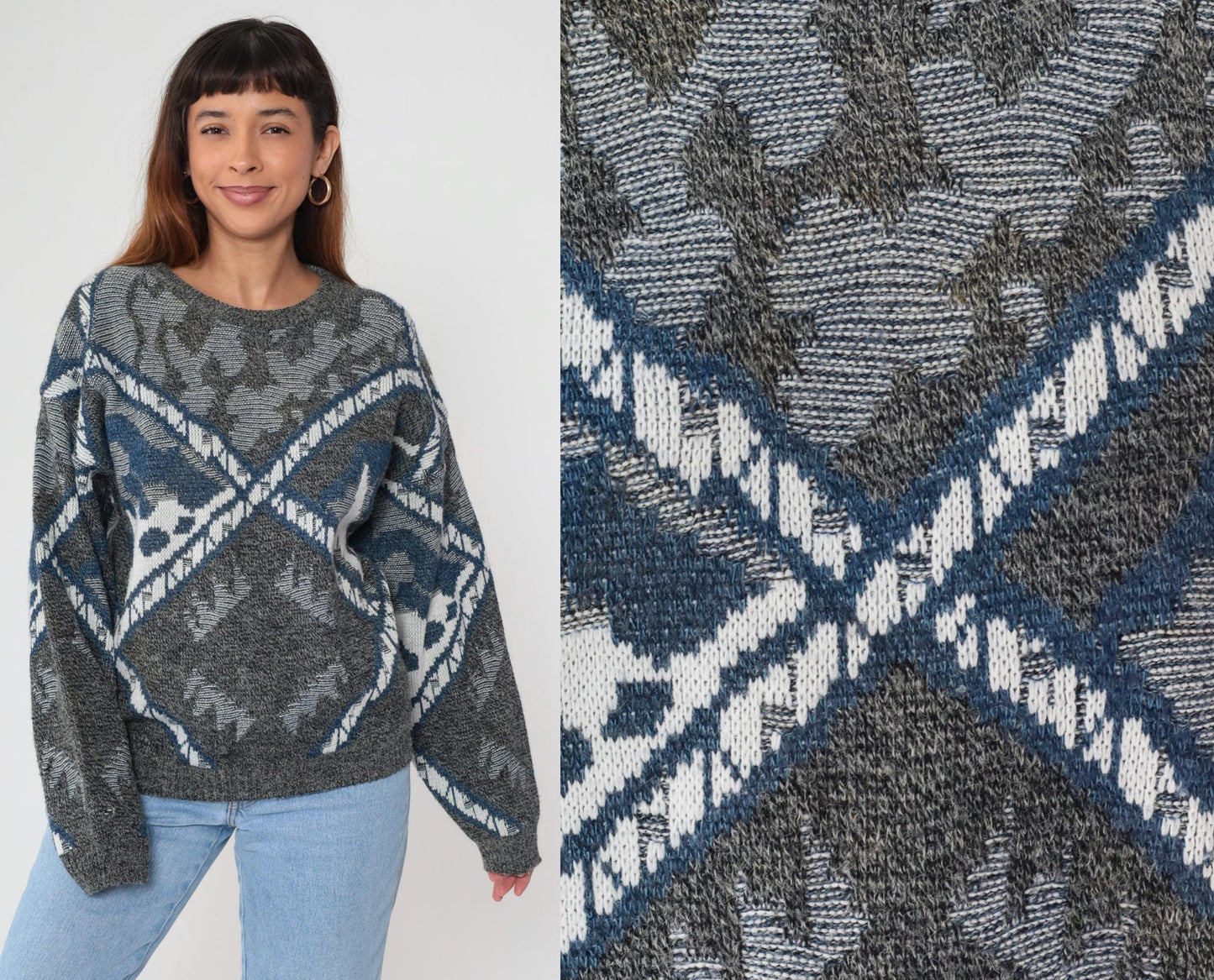 80s Geometric Sweater Crewneck Knit Grey Blue Southwestern Diamond Pattern Large L
