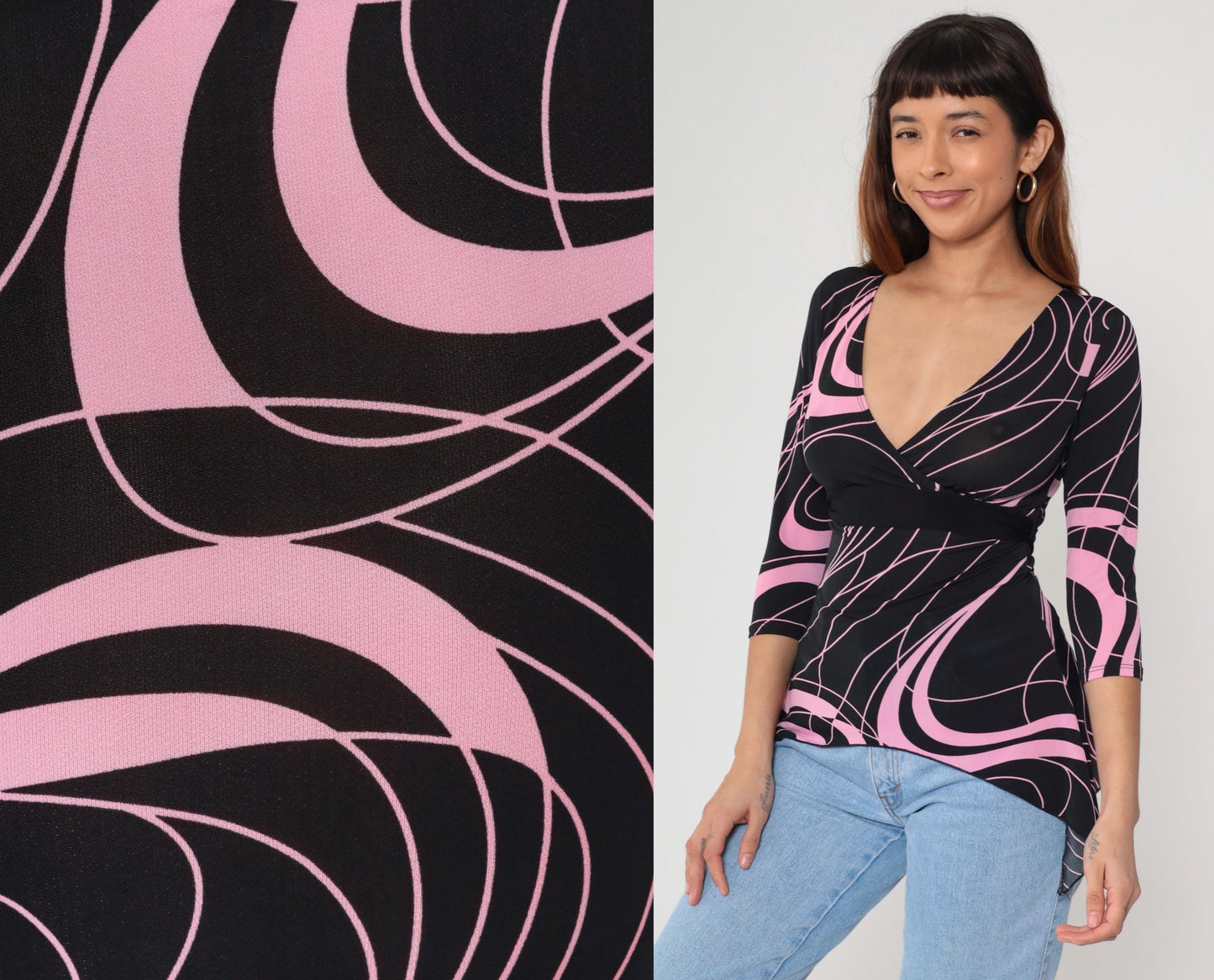 Y2K Tempted Wrap Top Black Pink Swirl Print V-Neck Small S