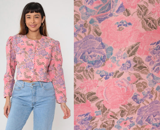 90s Alison J Floral Cropped Blouse Pink Purple Rose Puff Sleeve Medium