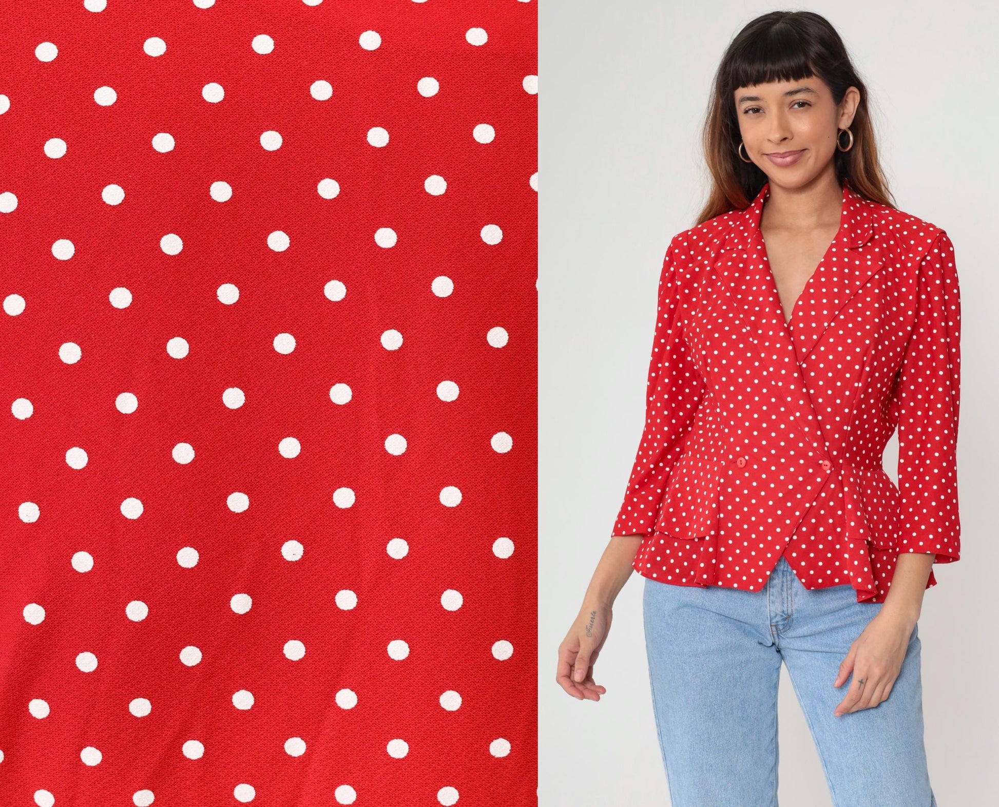 80s Polka Dot Blazer Red Single Button Jacket Medium M