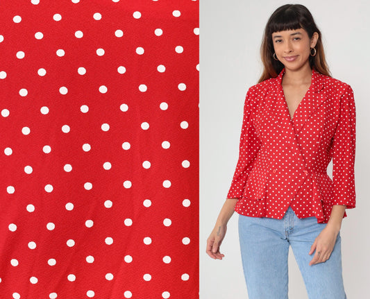 80s Polka Dot Blazer Red Single Button Jacket Medium M