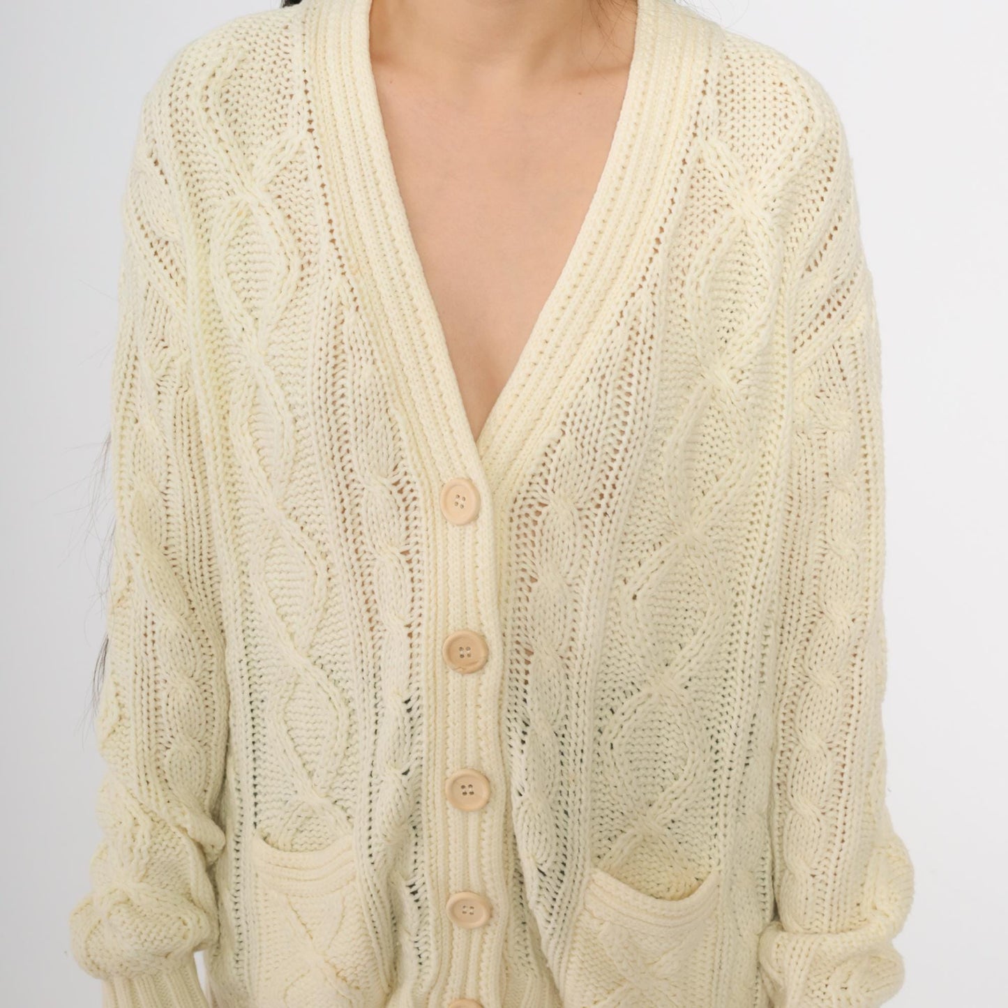 80s Cream Cable Knit Cardigan Deep V-Neck Button Front Chunky Knit Large