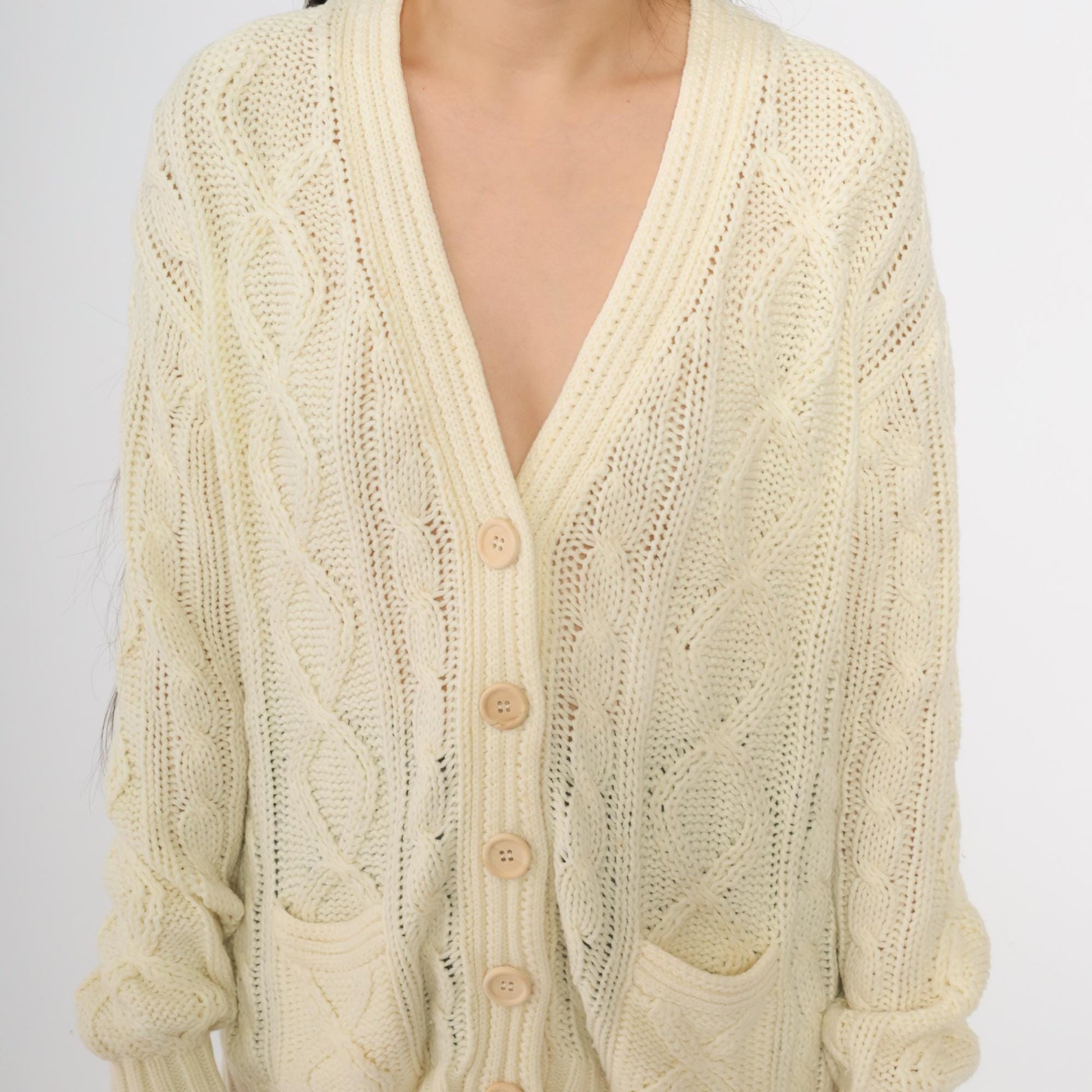 80s Cream Cable Knit Cardigan Deep V-Neck Button Front Chunky Knit Large