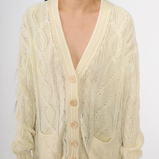 80s Cream Cable Knit Cardigan Deep V-Neck Button Front Chunky Knit Large