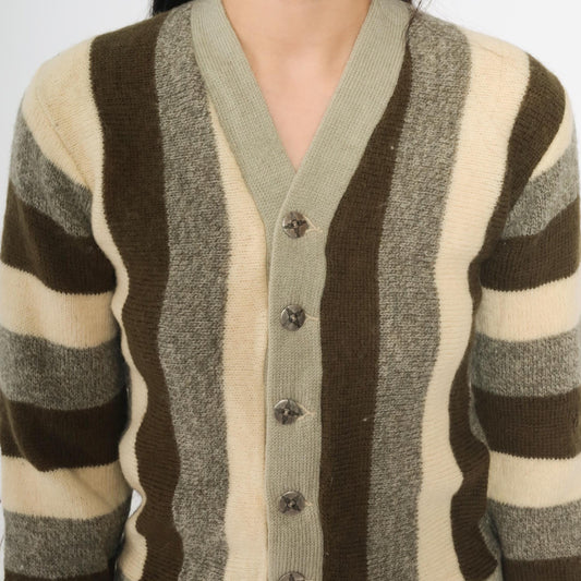 70s Striped Wool Cardigan Olive Green Brown Cream Button Front Extra Small XS