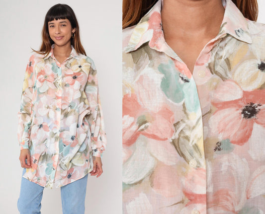 90s Watercolor Floral Button-Up Blouse Coral Mint Yellow Long Sleeve Medium