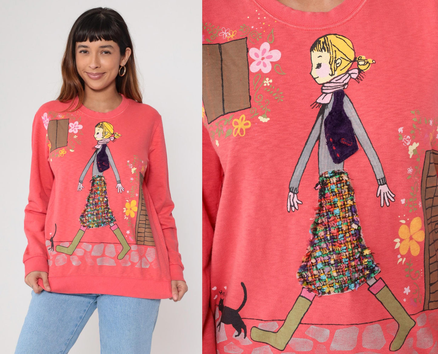 Y2K Coral Pink Sweatshirt Girl Illustration Cat Graphic Crewneck Medium M
