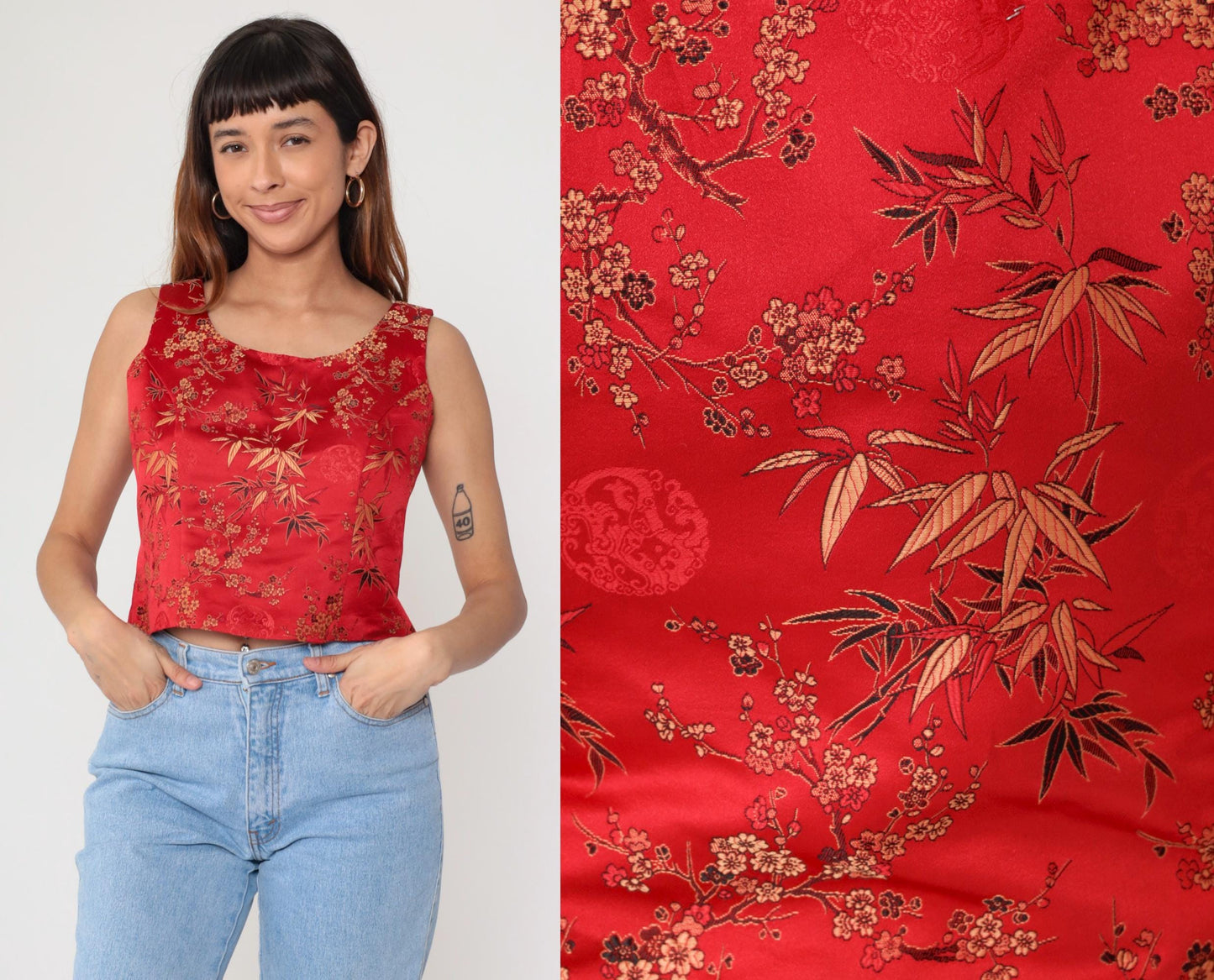 00s Red Satin Crop Top Cherry Blossom Bamboo Print Scoop Neck Small