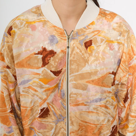 90s Hanasport Watercolor Bomber Jacket Abstract Print Peach Medium M