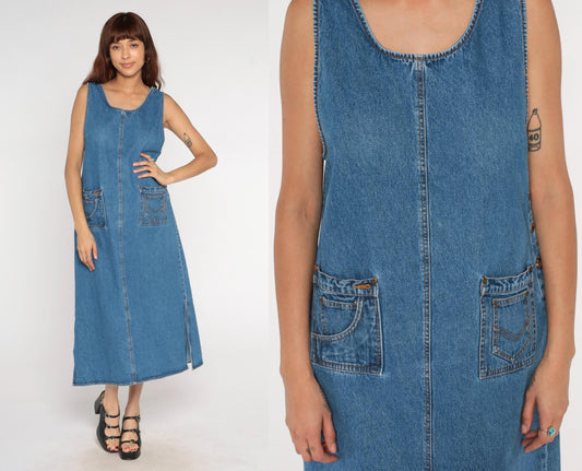 90s Agapo Denim Jumper Dress Blue Cotton Ankle Length Sleeveless Medium M