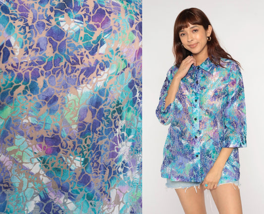 90s Allison Daley Sheer Burnout Blouse Holographic Floral Purple Large L