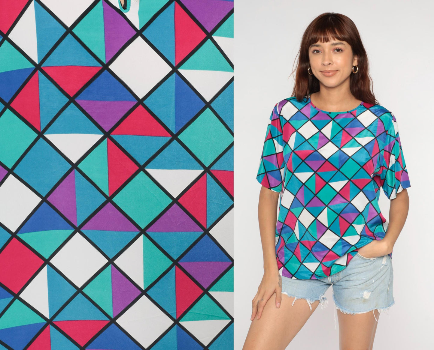 90s Geometric Square Triangle Print Button Up Blouse Colorful Short Sleeve Large L