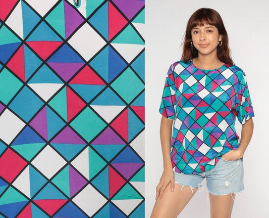 90s Geometric Square Triangle Print Button Up Blouse Colorful Short Sleeve Large L