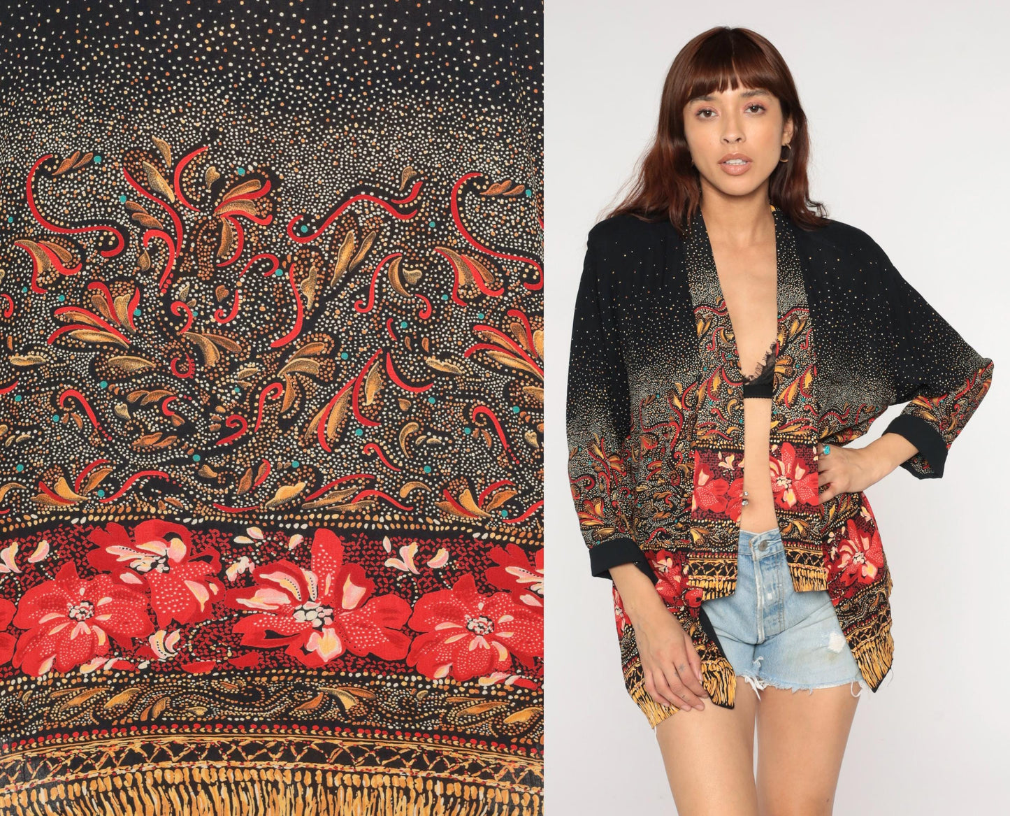 90s Paisley Kimono Cardigan Black Red Gold Floral Open Front Medium M