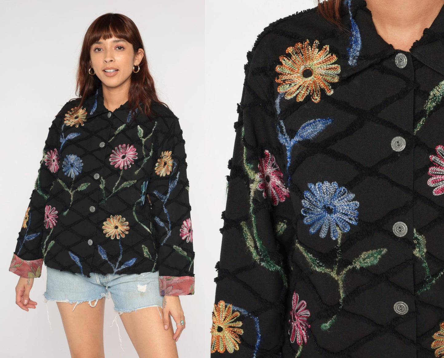 Y2K Black Quilted Cotton Jacket Embroidered Floral Chain Stitch Medium M