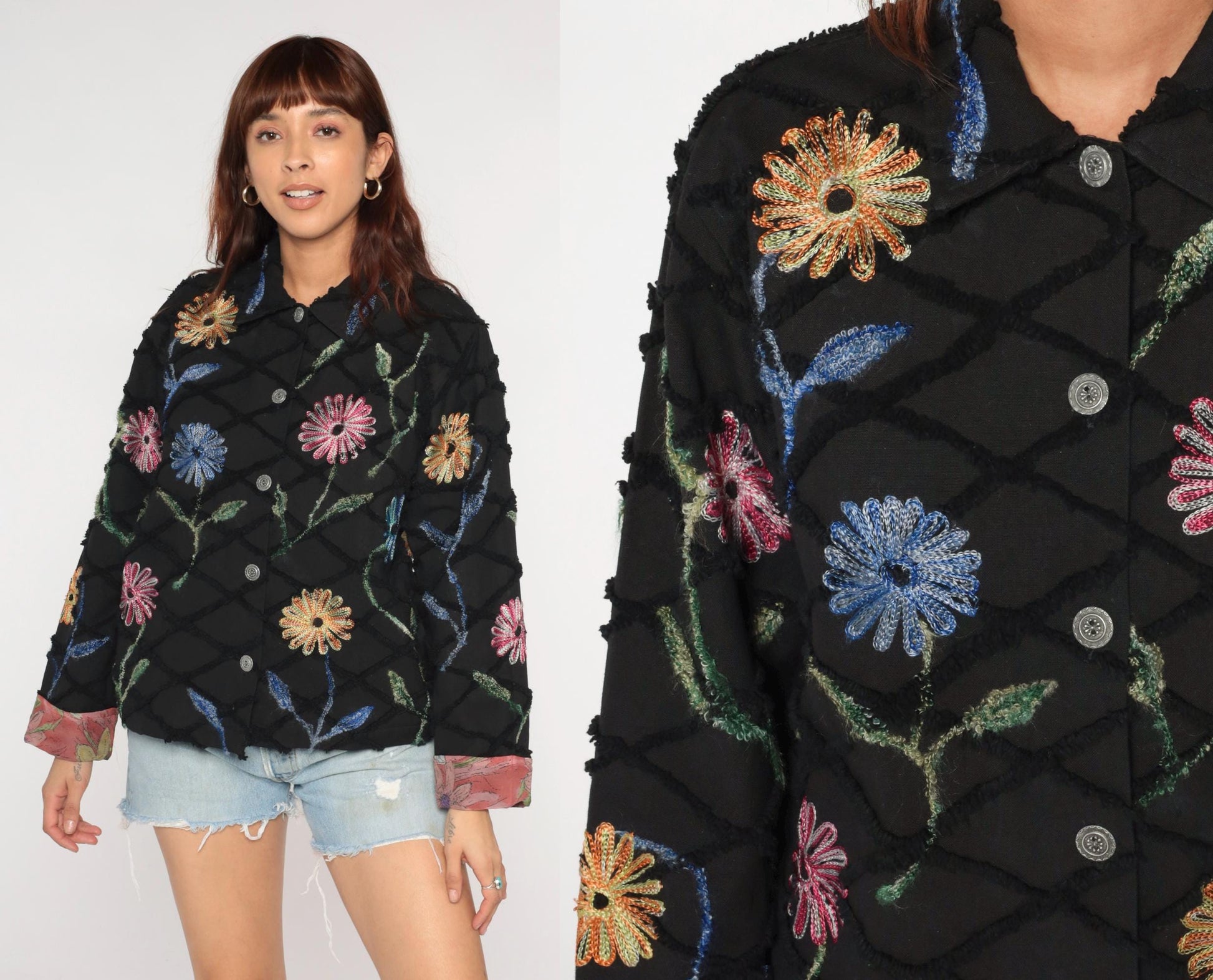 Y2K Black Quilted Cotton Jacket Embroidered Floral Chain Stitch Medium M