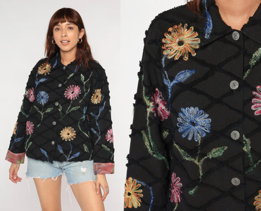 Y2K Black Quilted Cotton Jacket Embroidered Floral Chain Stitch Medium M